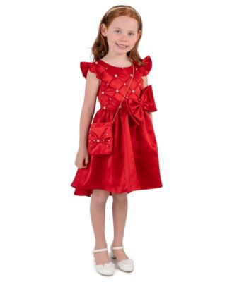Girls' 2T-6X Flutter-Sleeve Imitation Pearl-Embellished Smocked Bodice High-Low Dress and Handbag, 2-Piece Set