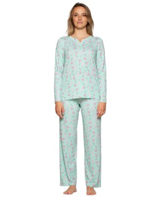 Women's Timeless Notched V-Neckline Long-Sleeve Jersey Knit Top and Pants, 2-Piece Set