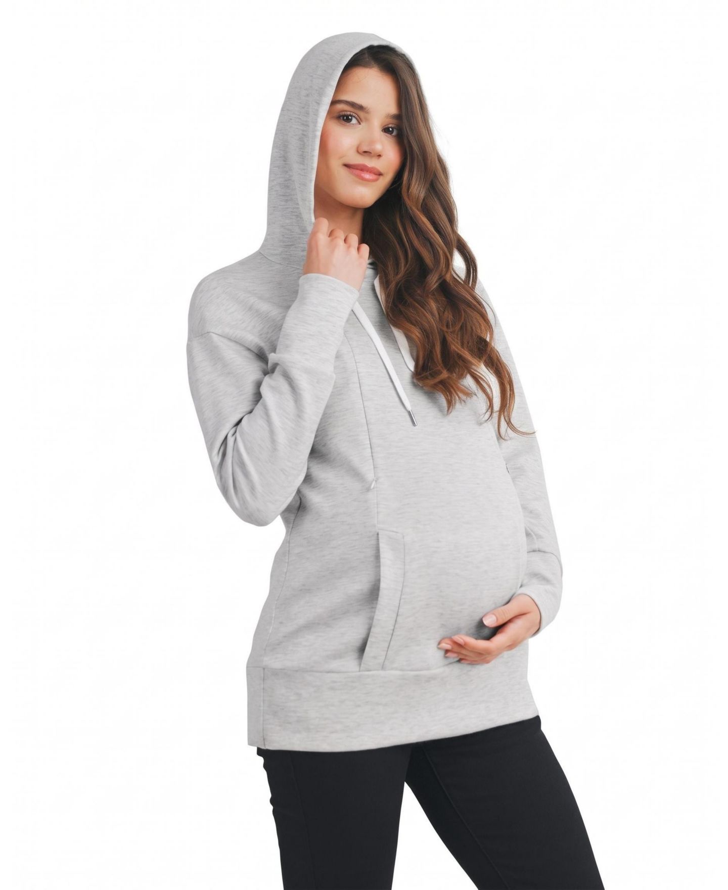 Женское худи Hello Miz Casual Drawstring Kangaroo Pocket Nursing, цвет: Меланжевый серый — фото 2