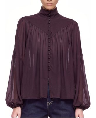 Women's Stand Collar Long-Sleeve Sheer Blouse