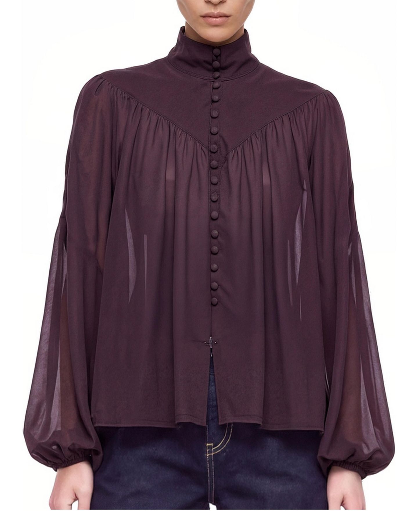 Женская блузка NOCTURNE Stand Collar Long-Sleeve Sheer, цвет: Коричневый — фото 1