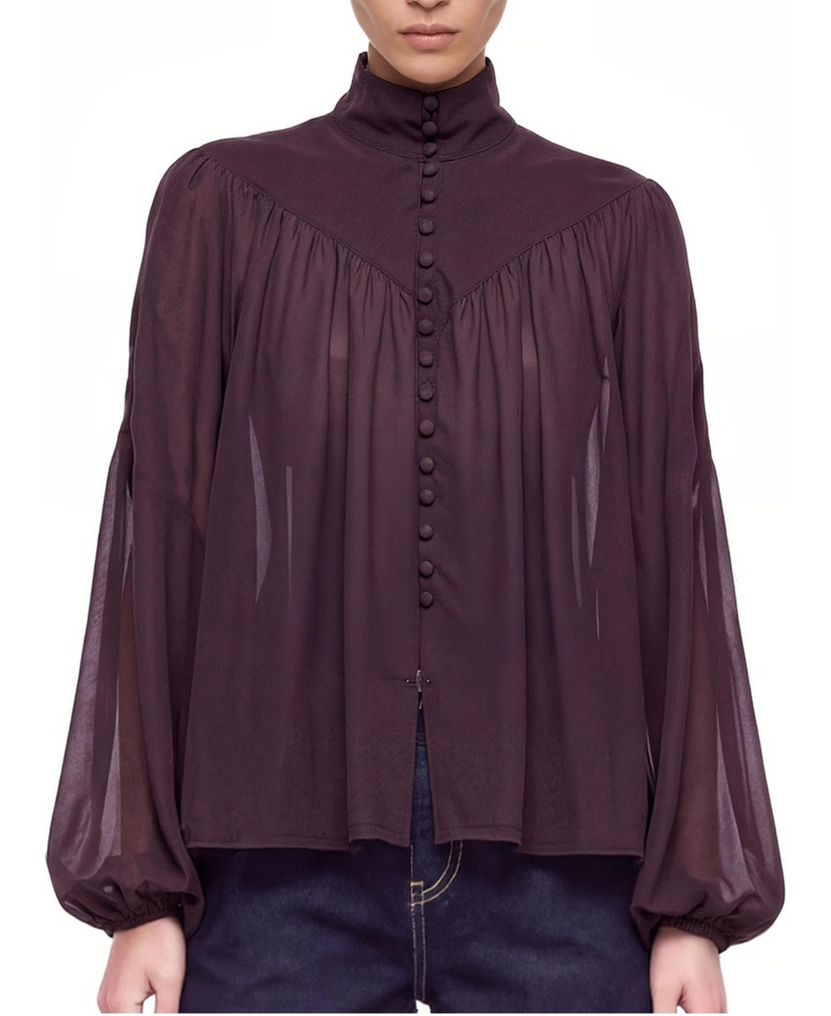 Nocturne Women's Stand Collar Long-Sleeve Sheer Blouse