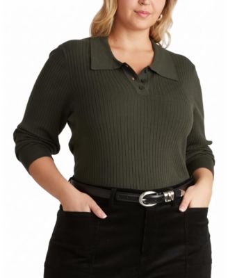 Plus Size Savvy Fine Ribbed Polo Sweater