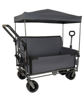 3 in 1 Folding Wagon Cart with Bench Seat and Detachable Canopy,All Terrain Wheels,Foldable Utility Cart for Beach Camping Outdoor Events