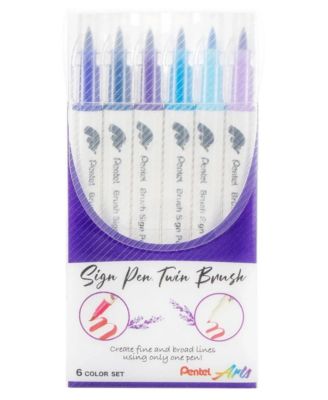 Arts Sign Pen Twin Brush, 6-Pack, Plastic Box