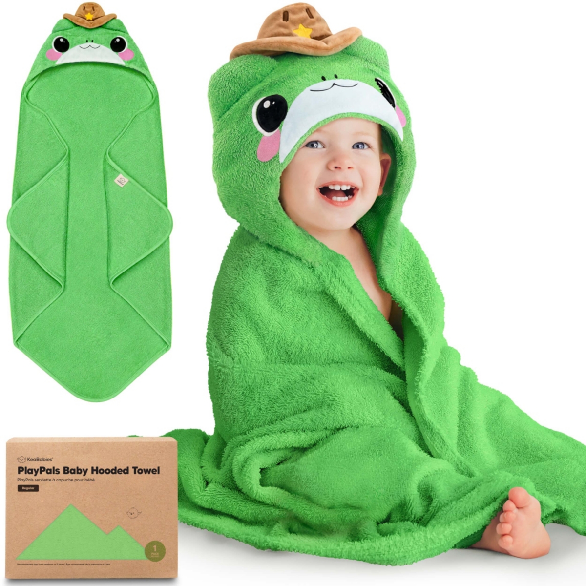 KeaBabies PlayPals Baby Towels with Hood for Girls, Boys, 100% Organic Soft Cotton Hooded Bath Towels for Newborn, Kids - Freddy