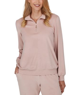 Petite Quarter-Zip Ribbed-Knit Long-Sleeve Pullover Top
