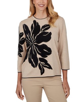 Petite Sweatr Pet Intarsia-Knit Floral Crewneck 3/4-Sleeve Pullover Sweater