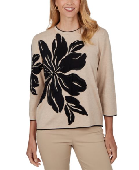 Женский свитер Alfred Dunner Petite Sweatr Pet Intarsia-Knit Floral Crewneck 3/4-Sleeve Pullover, цвет: Рыжевато-коричневый