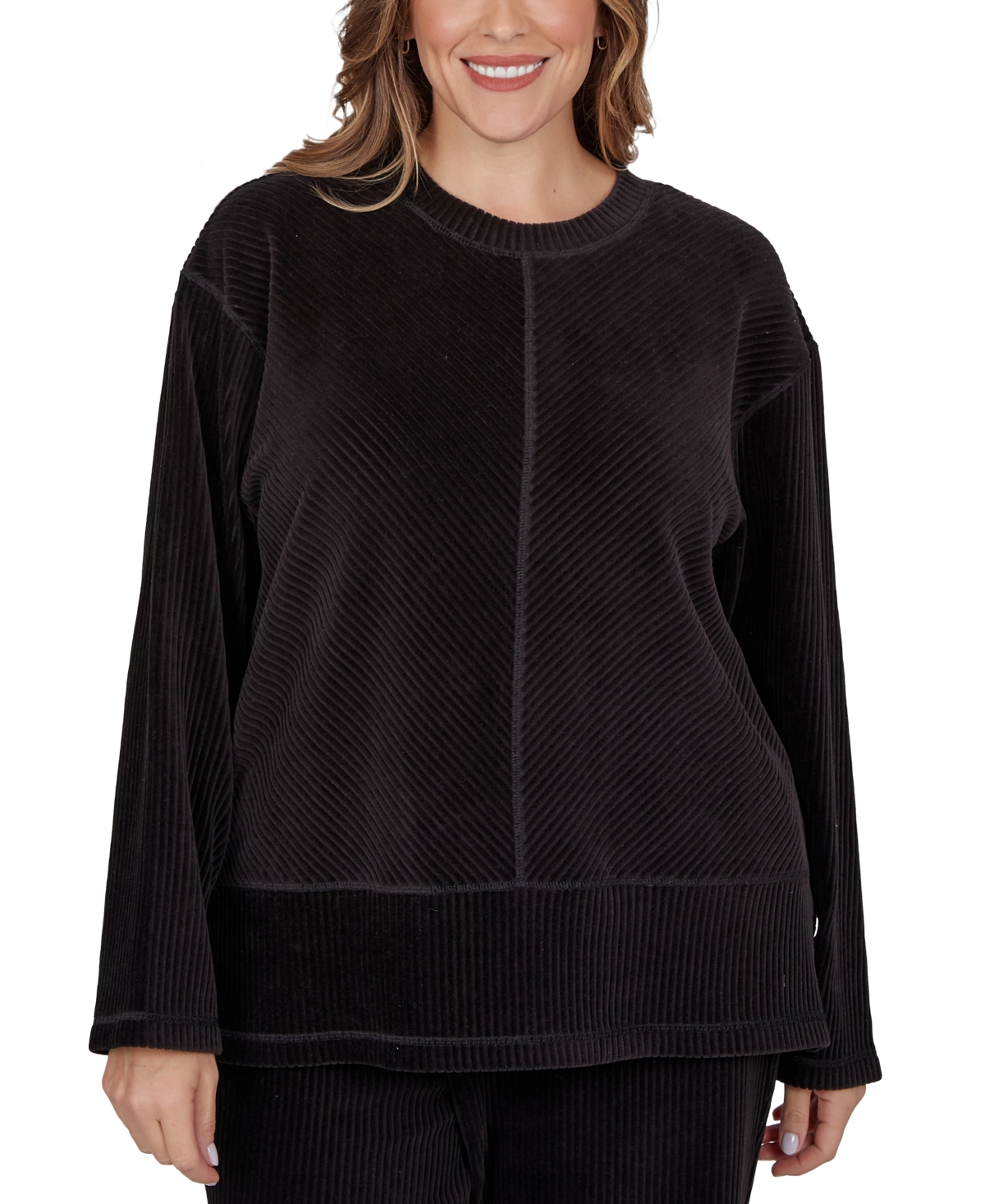 Alfred Dunner Plus Size Long-Sleeve Crewneck Ribbed Sweater - Onyx