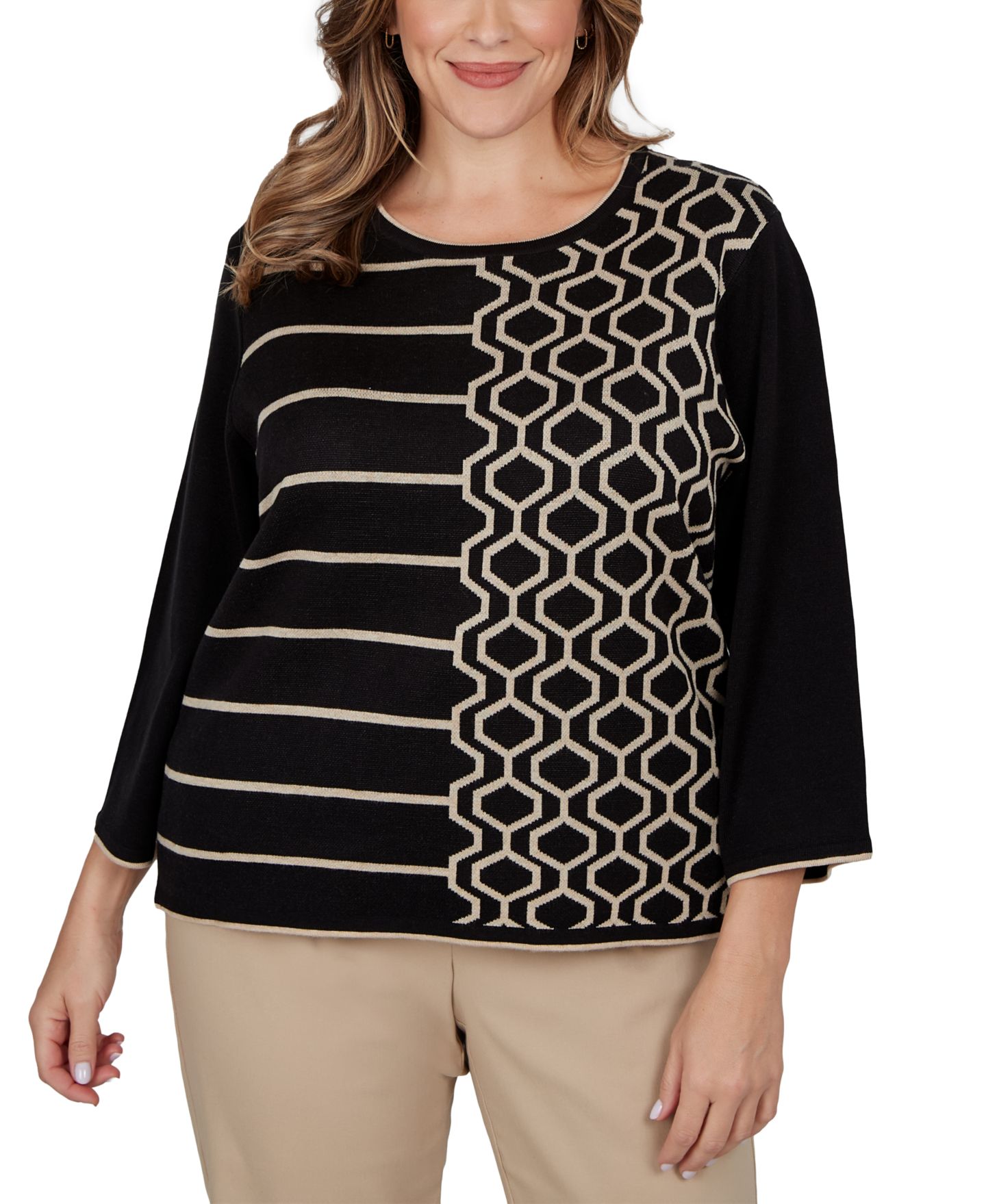 Женский свитер Alfred Dunner Plus Size Crewneck 3/4-Sleeve Pullover, цвет: Чёрный — фото 1