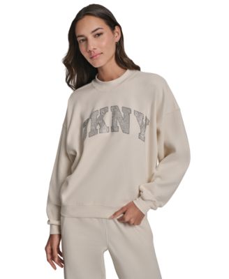 Women's Arched Rhinestone Varsity Logo Graphic Long-Sleeve Crewneck Sweatshirt