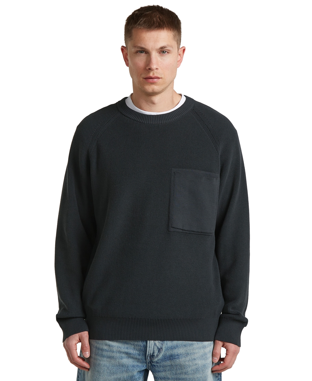 G-Star Raw Men's Raglan Rib Pocket Knit Crewneck Regular-Fit Sweater - DK legion blue