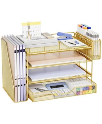5 Tier Desk File Organizer With Pen Holder Sliding Drawer