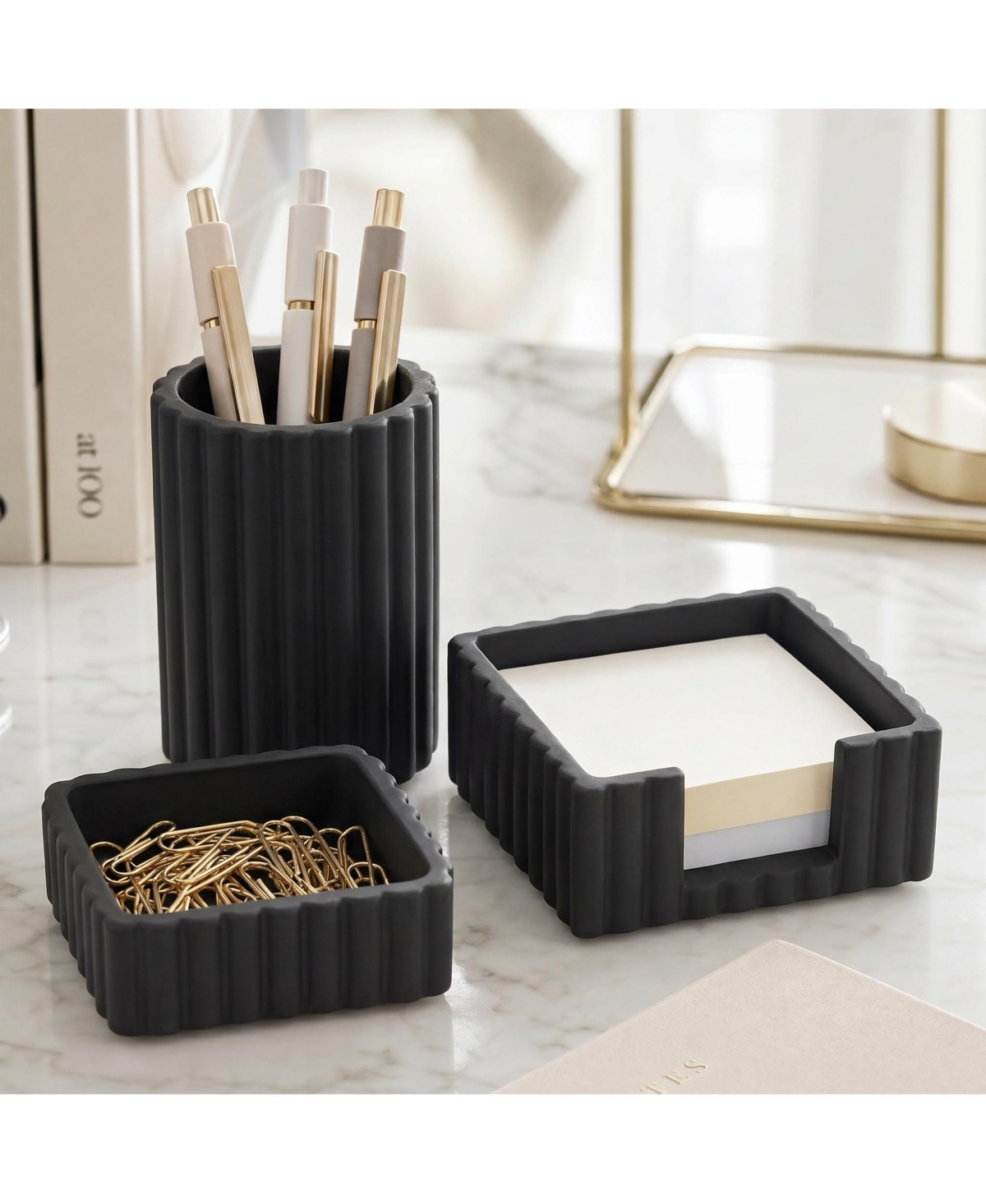 Four Candies Modern Concrete Desk Organizer Set 3 Piece Stylish Desktop Storage - Black