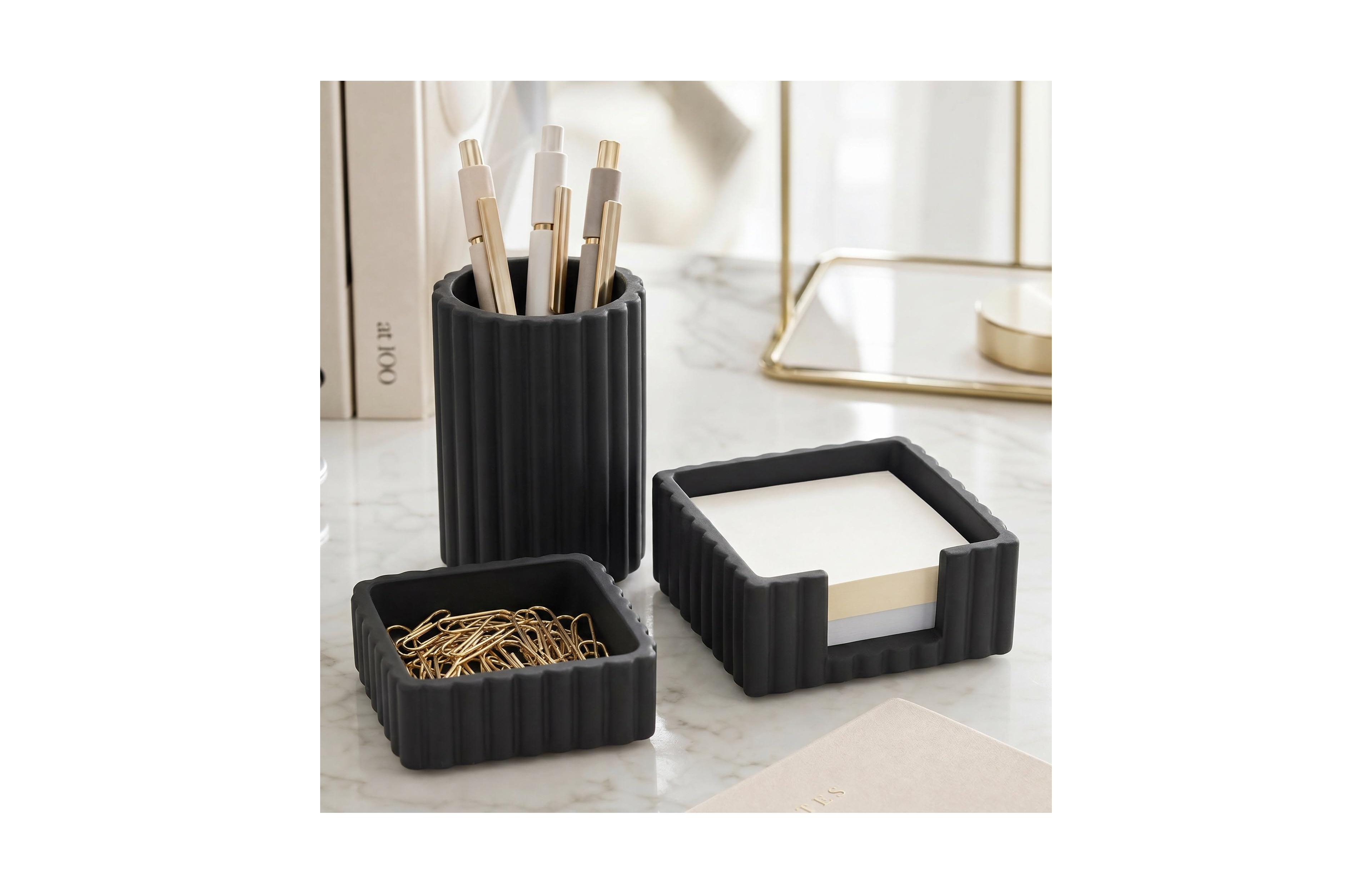 Four Candies Modern Concrete Desk Organizer Set 3 Piece Stylish Desktop Storage