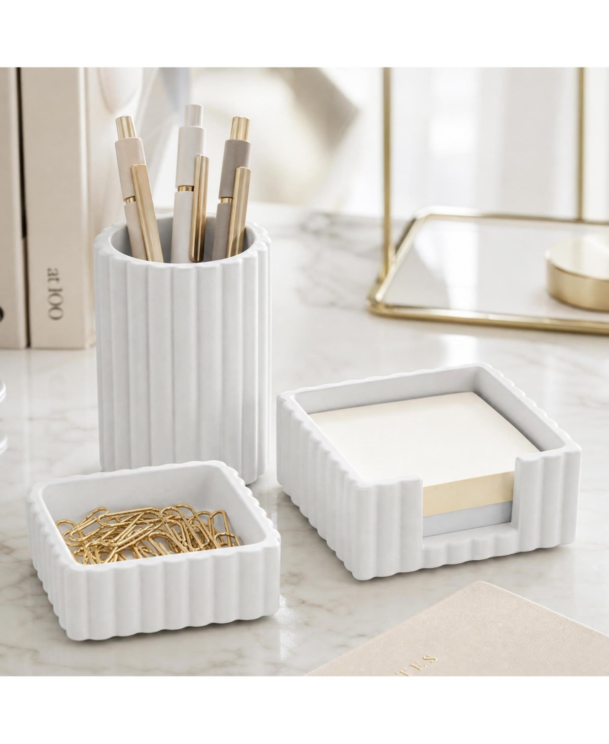 Four Candies Modern Concrete Desk Organizer Set 3 Piece Stylish Desktop Storage - Gray