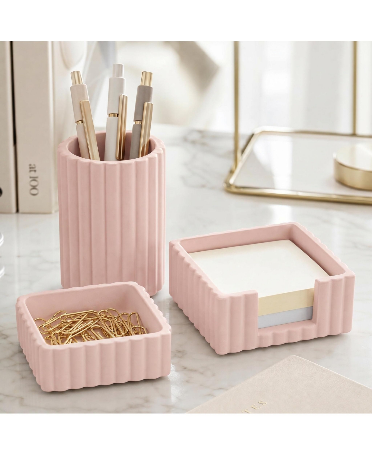 Four Candies Modern Concrete Desk Organizer Set 3 Piece Stylish Desktop Storage - Pink