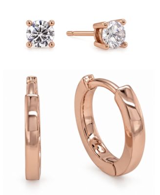 Cubic Zirconia Round Stud Polished Huggie Hoop Earring, Rose Gold Plate