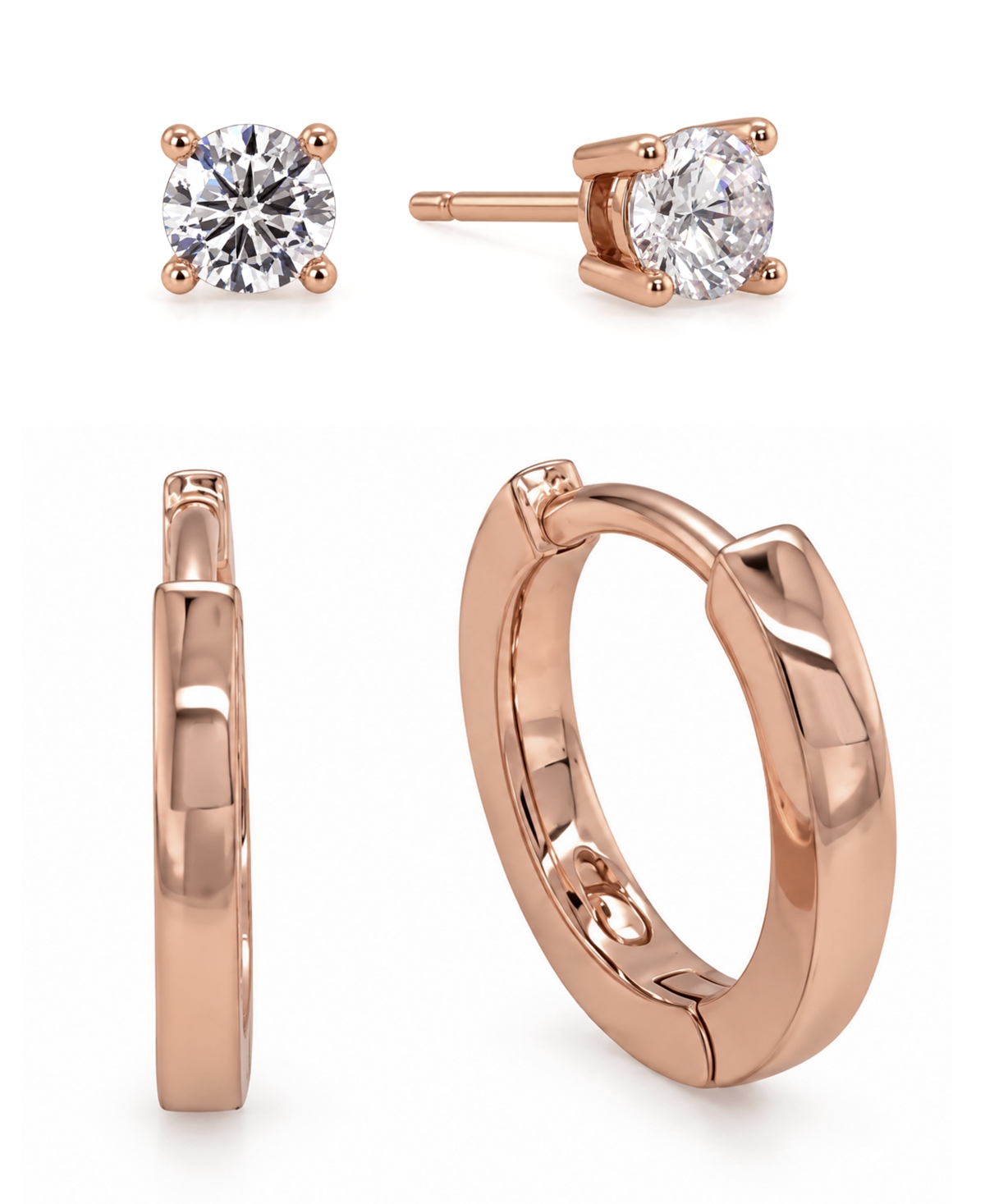 And Now This Cubic Zirconia Round Stud Polished Huggie Hoop Earring, Rose Gold Plate