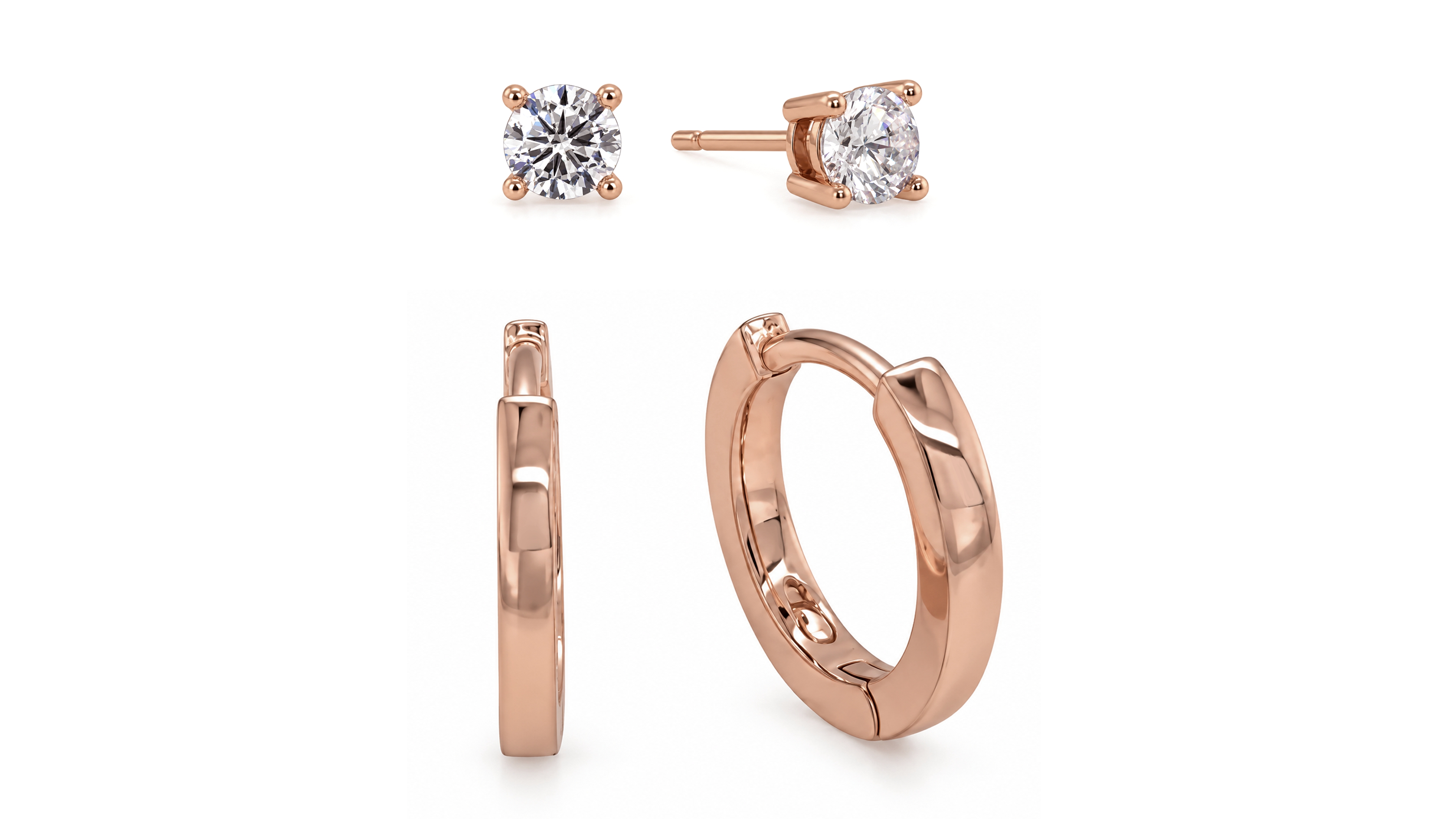 And Now This Cubic Zirconia Round Stud Polished Huggie Hoop Earring, Rose Gold Plate