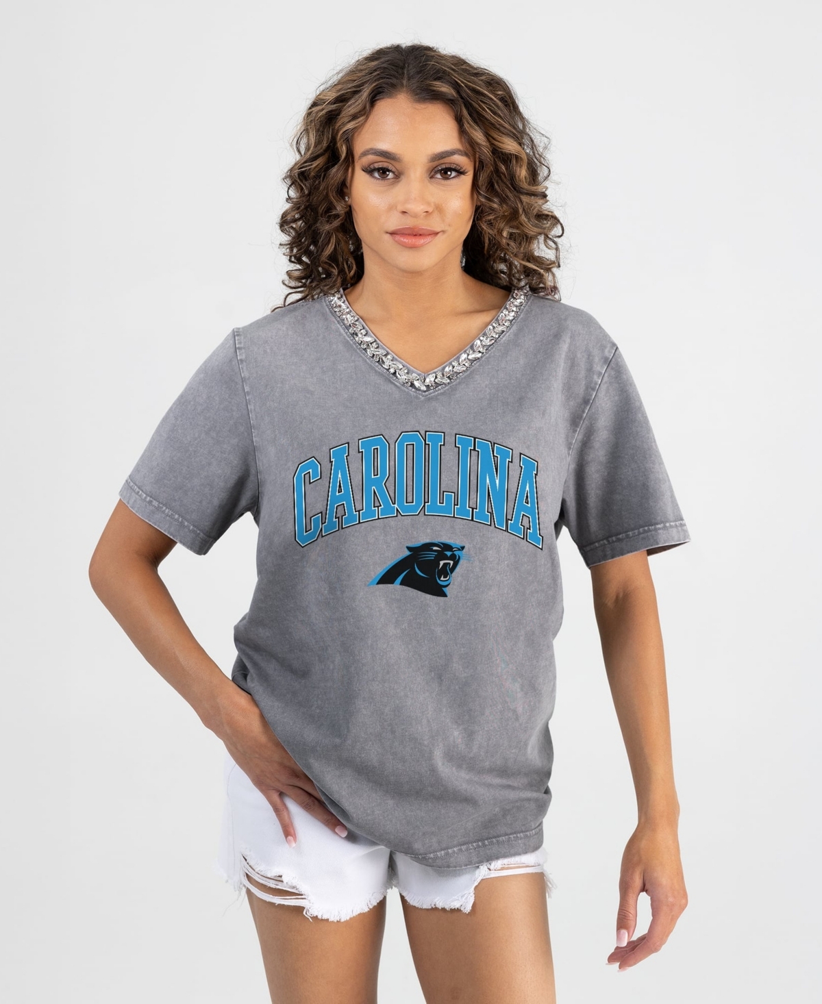 Gameday Couture Women's Gray Carolina Panthers Relaxed Iconic Edge Rhinestone V-Neck T-Shirt - Gray