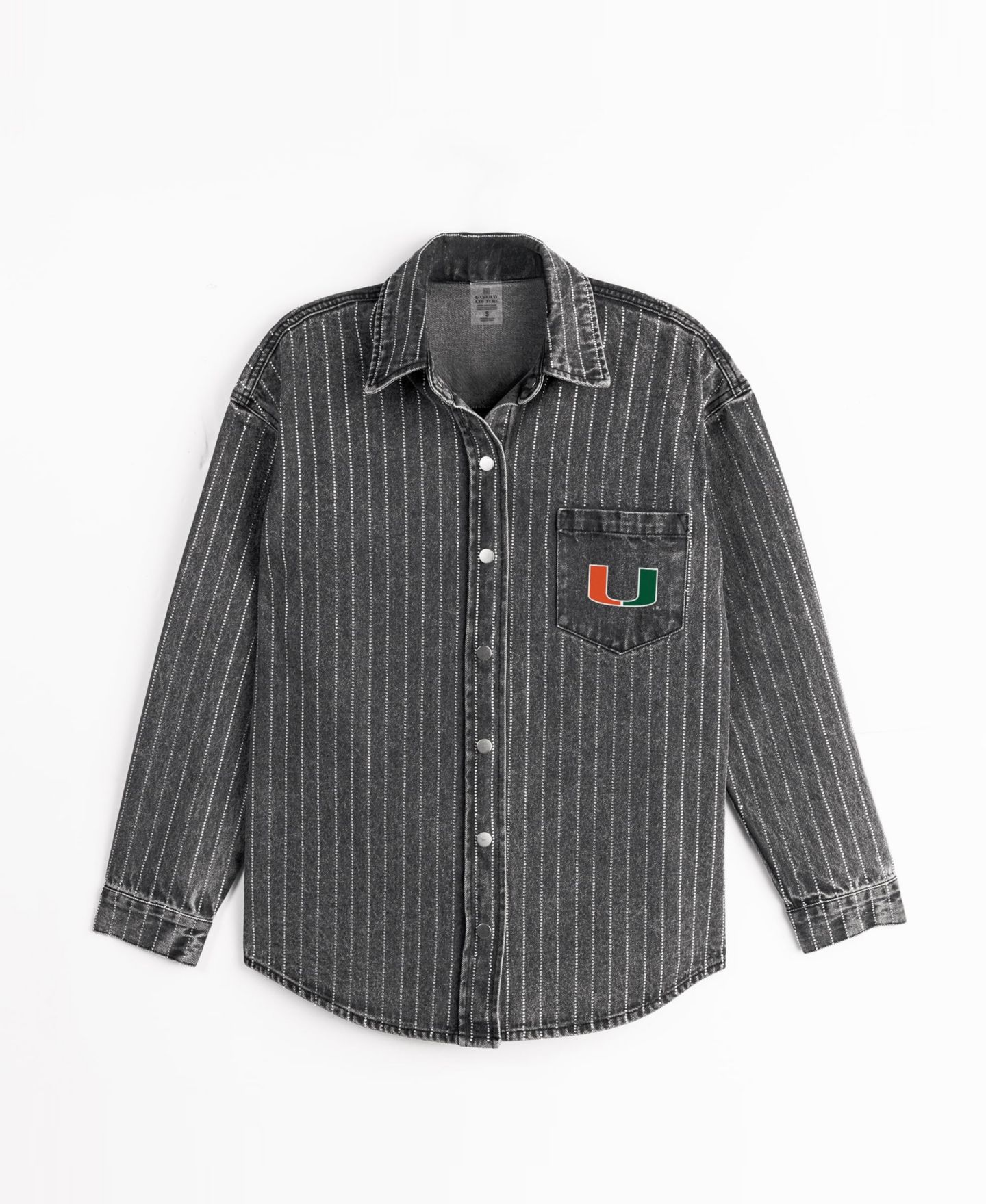 Женская рубашка Gameday Couture Black Miami Hurricanes Oversized Style's the Limit Micro-Rhinestone Stripe Washed Denim Button Up Overshirt — фото 2