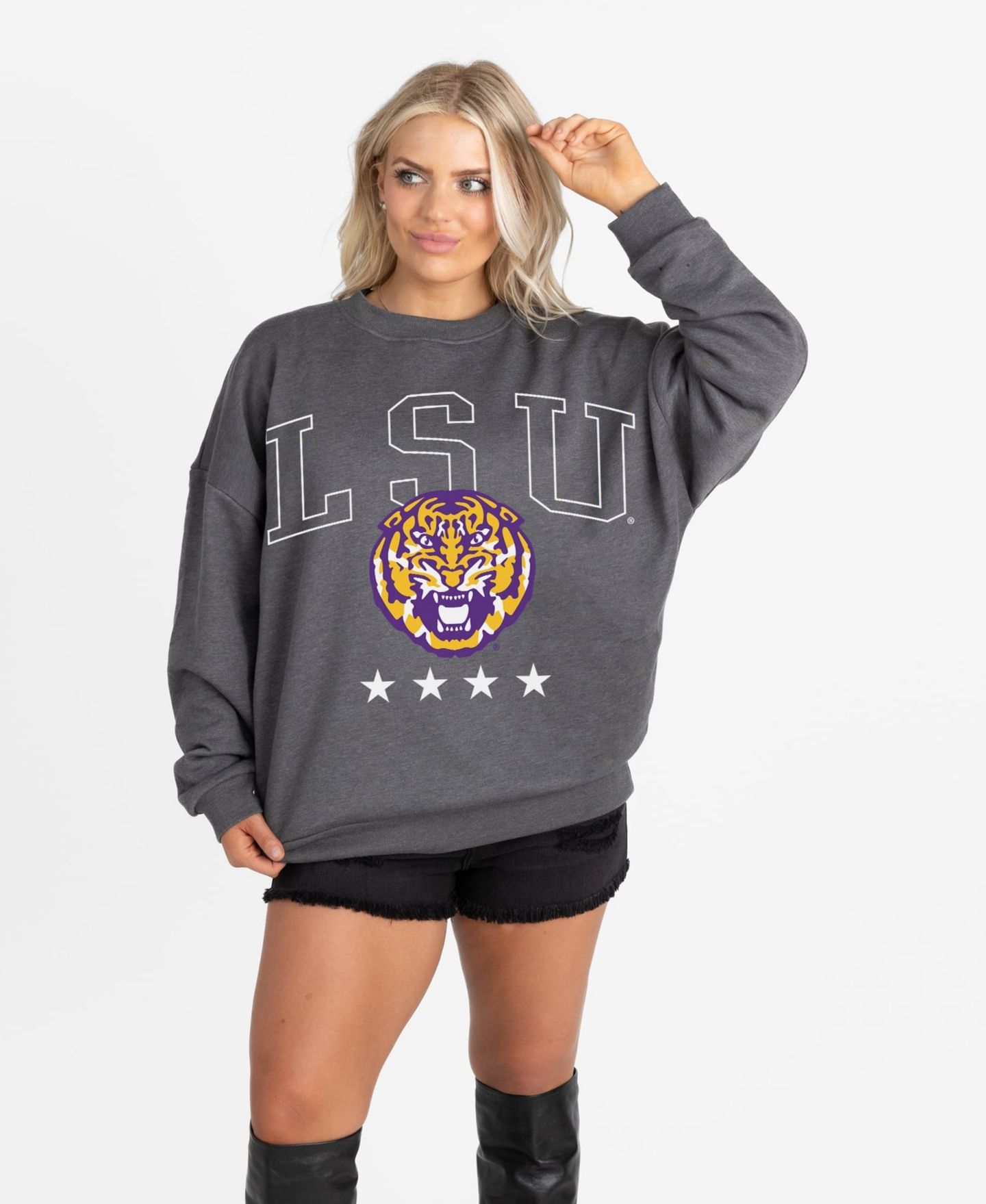 Женская толстовка Gameday Couture Charcoal LSU Tigers Oversized Rising Stars Premium Fleece Drop Shoulder — фото 1
