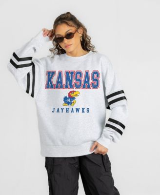 Women's Ash Kansas Jayhawks Stadium Stripes Oversized Fleece Sweatshirt