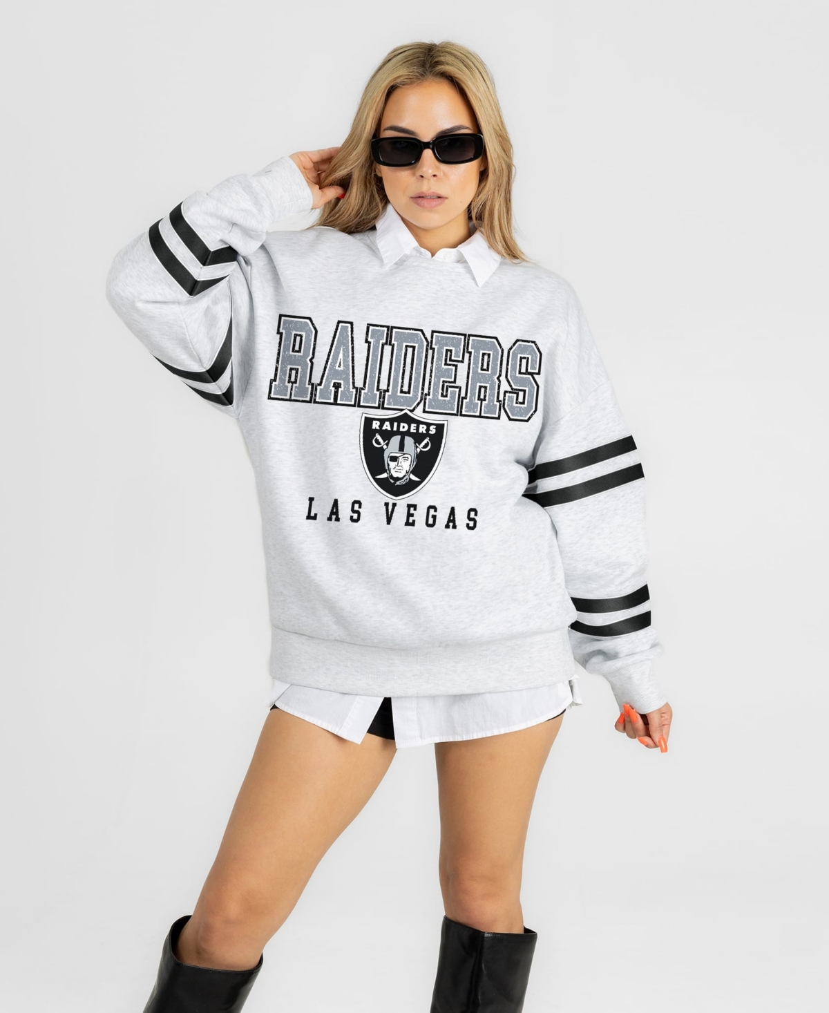 Gameday Couture Women's Ash Las Vegas Raiders Stadium Stripes Oversized Fleece Sweatshirt - Ash