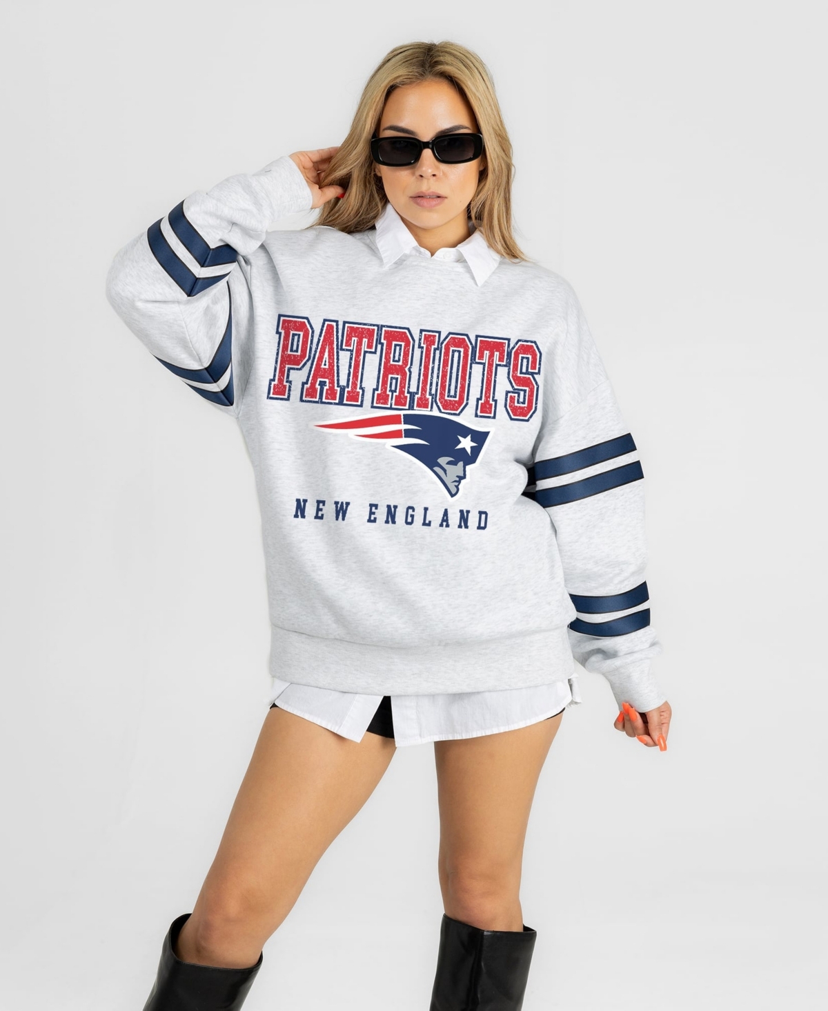 Gameday Couture Women's Ash New England Patriots Stadium Stripes Oversized Fleece Sweatshirt - Ash