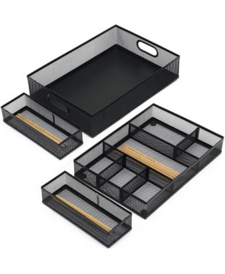 4 Pack Metal Mesh Desk Drawer Organizer Set Adjustable Stackable Storage Trays