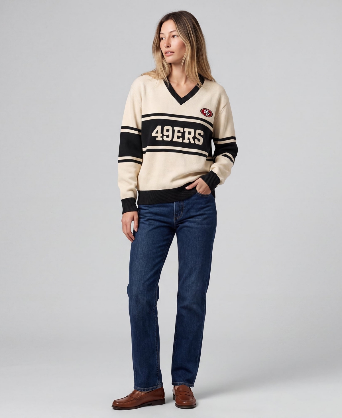 Mitchell & Ness Women's Cream/Black San Francisco 49ers Retro Roots V-Neck Sweater - Cream, Black