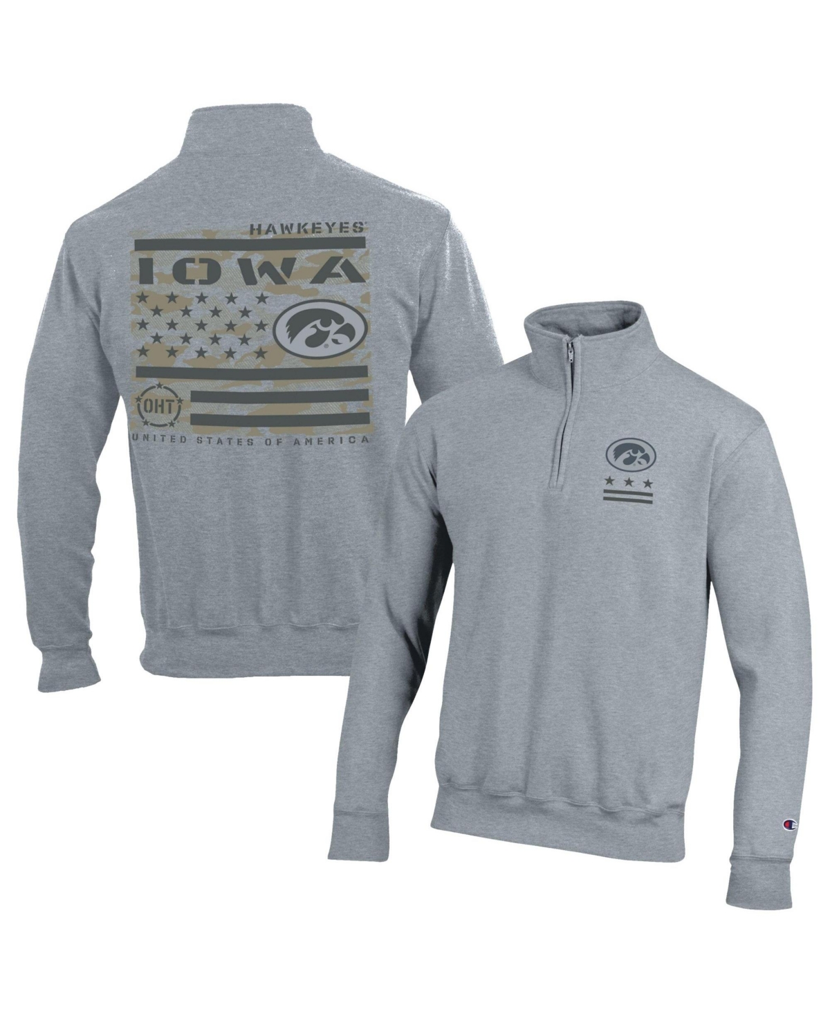 Champion Men's Heather Gray Iowa Hawkeyes Operation Hat Trick Flag Powerblend Fleece Quarter-Zip Pullover - Heather Gray