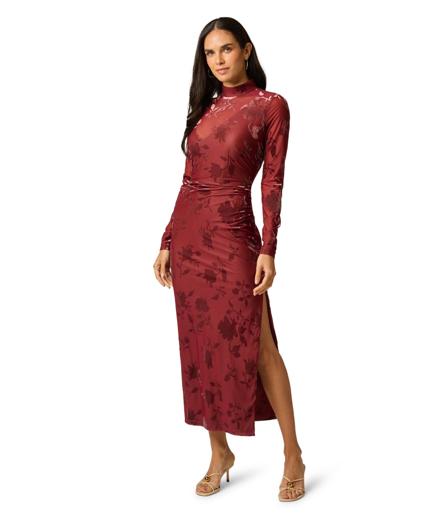 Женское платье Adrianna Papell Velvet Burnout Midi Long-Sleeve Mock-Neck Floral, цвет: Каштаново-рыжий — фото 1