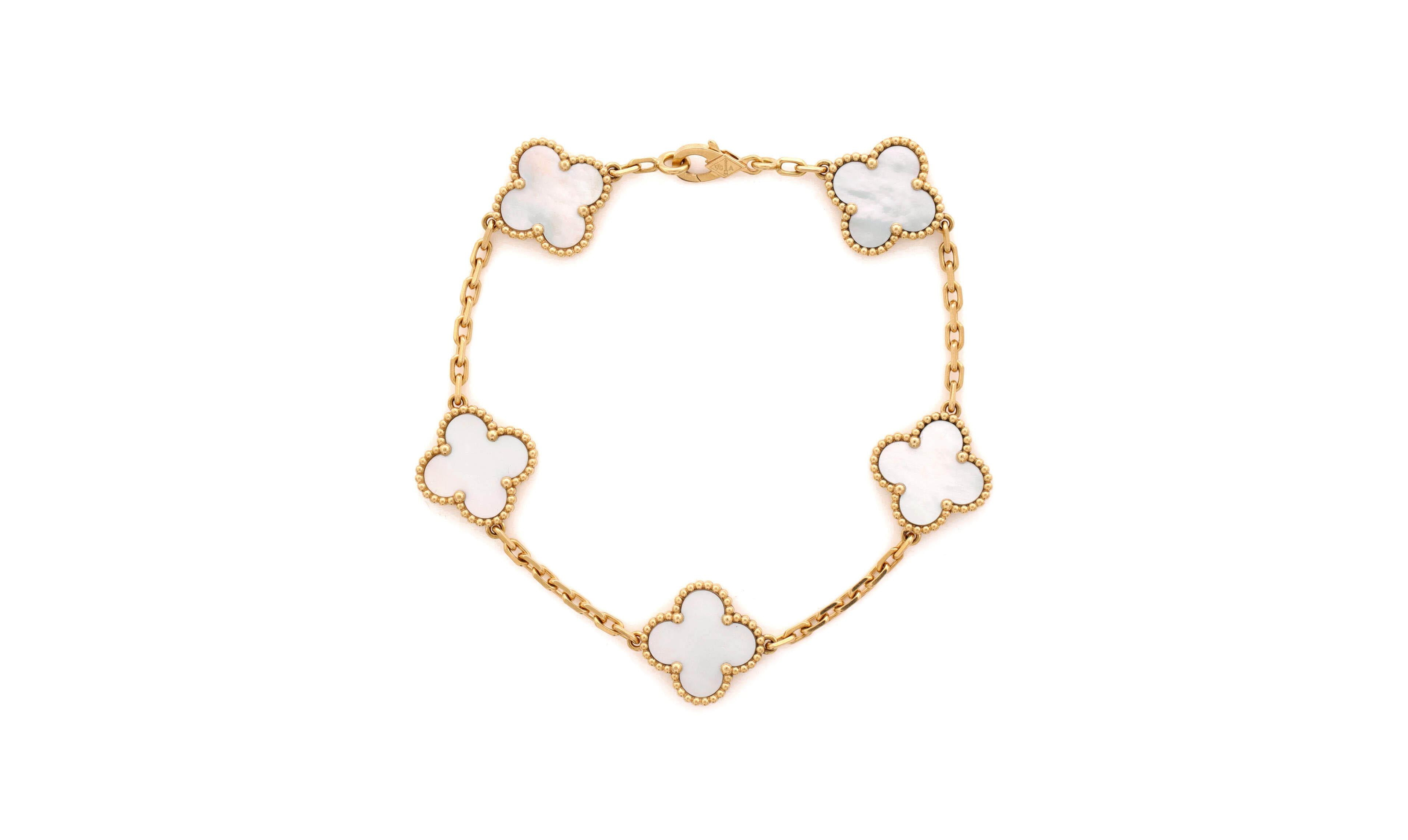 Pre-Owned Van Cleef & Arpels Vintage Alhambra 5 Motifs Mother-of-Pearl Bracelet in 18k Yellow Gold