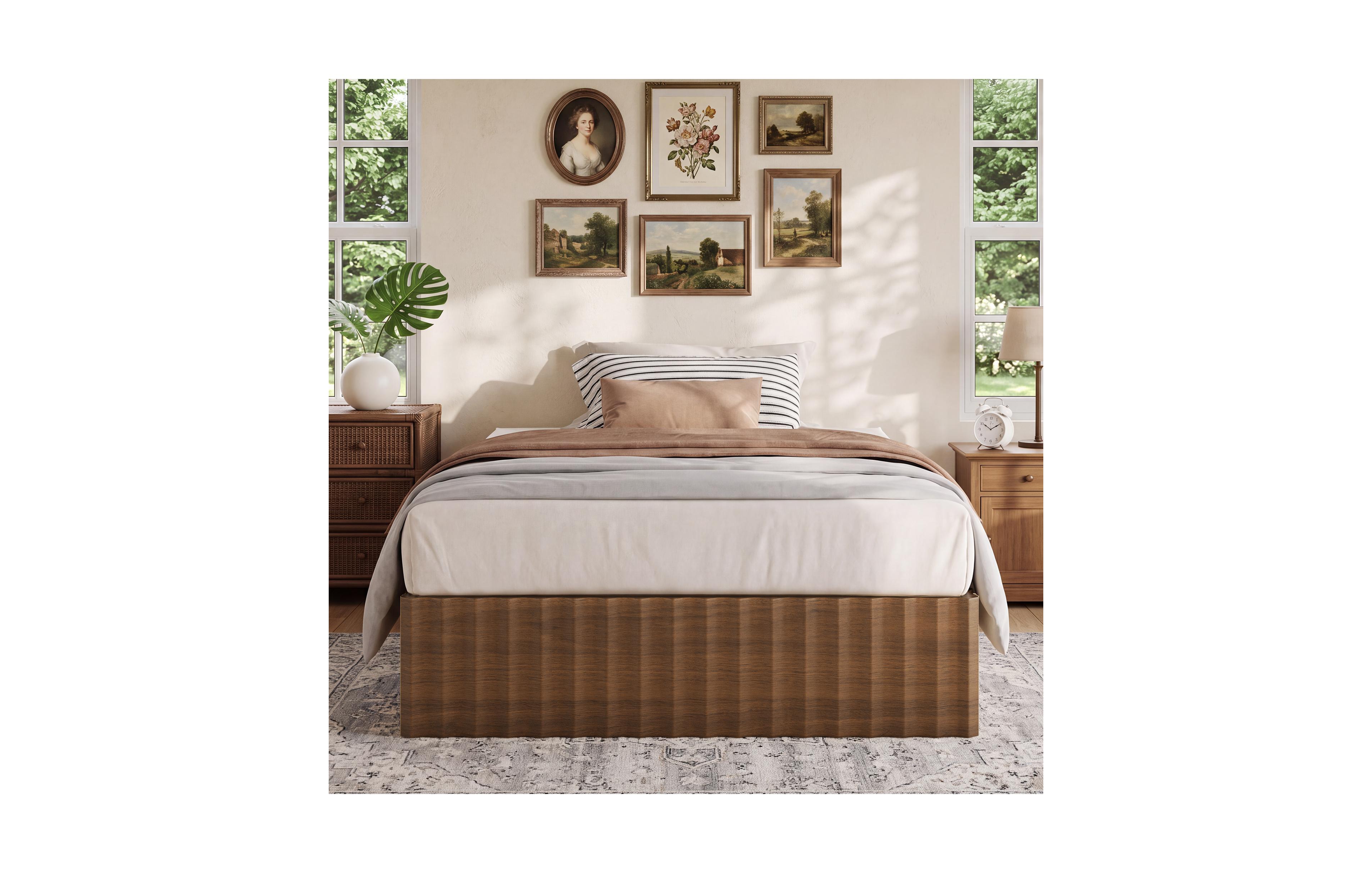 homfan Profile Platform Bed Frame with Wave Side Panels, Wooden Slat Mattress Foundation