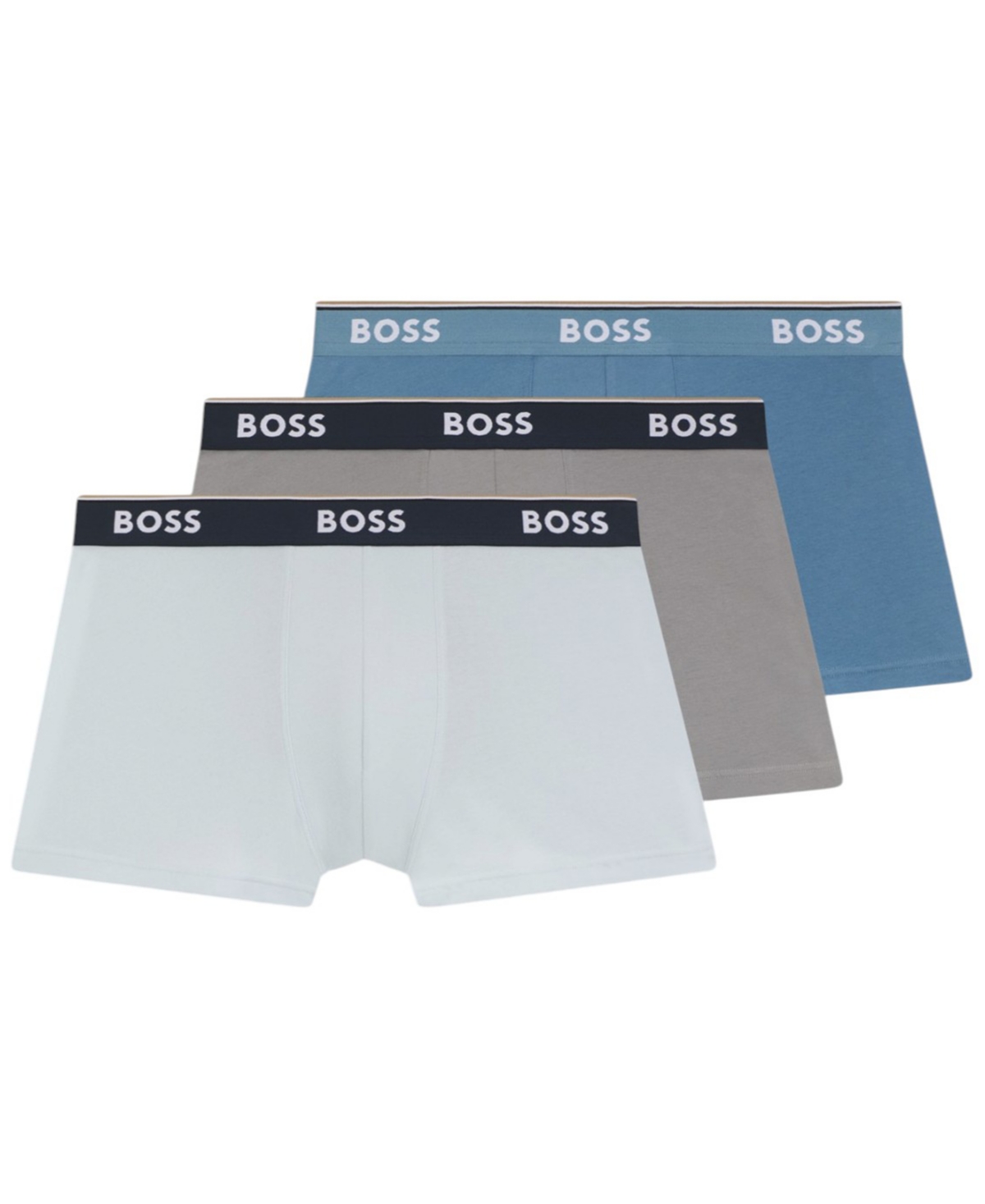Boss by Hugo Boss Men's Power Cotton-Stretch Exposed Elastic Waistband Trunks, 3-Pack - Open Blue Mix