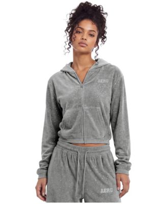 Women's Rhinestone Velour Cropped Zip-Up Hoodie