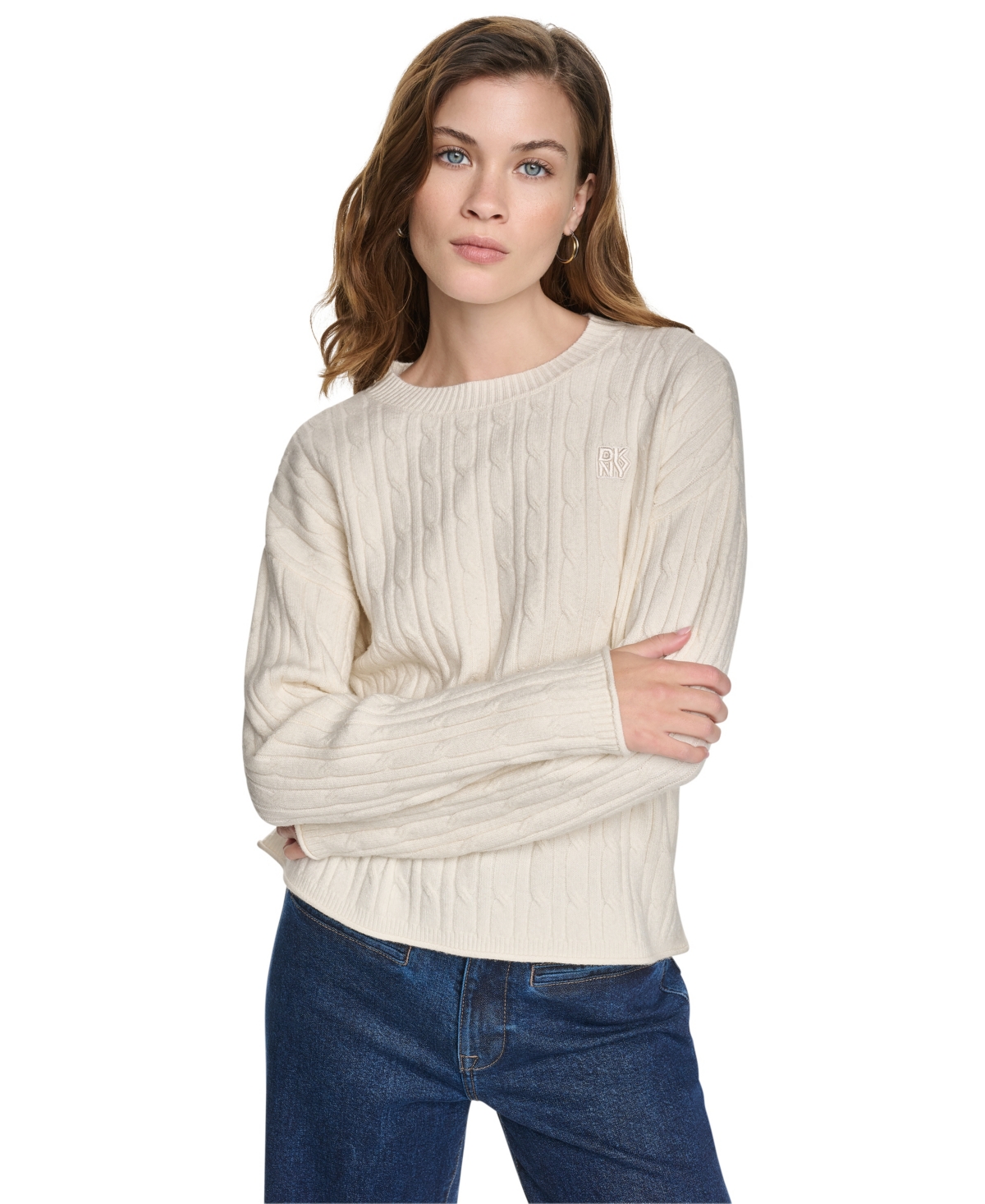 Womens DKNY Long Sleeve Roll Hem Cable Knit Sweater