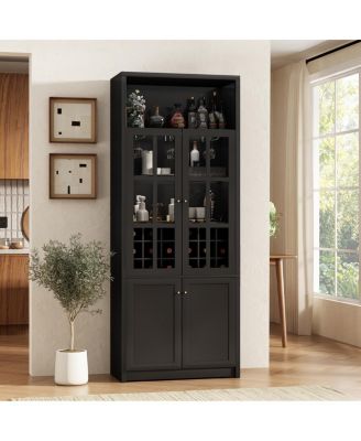 78.7" Tall Wine Cabinet with Glass Doors and 18-Bottle Storage