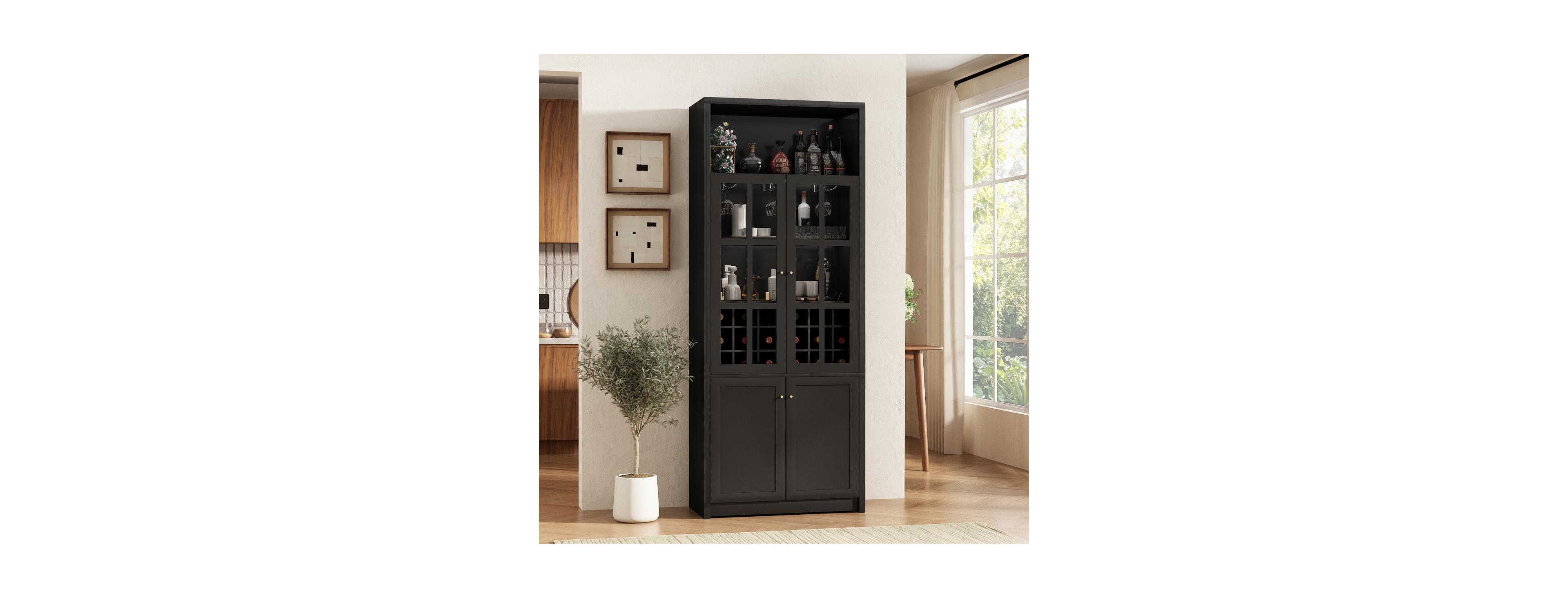 Streamdale Furniture 78.7" Tall Wine Cabinet with Glass Doors and 18-Bottle Storage