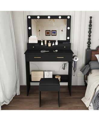 Makeup Vanity Desk with 9 Hollywood Bulbs, Mirror, Drawers, Stool