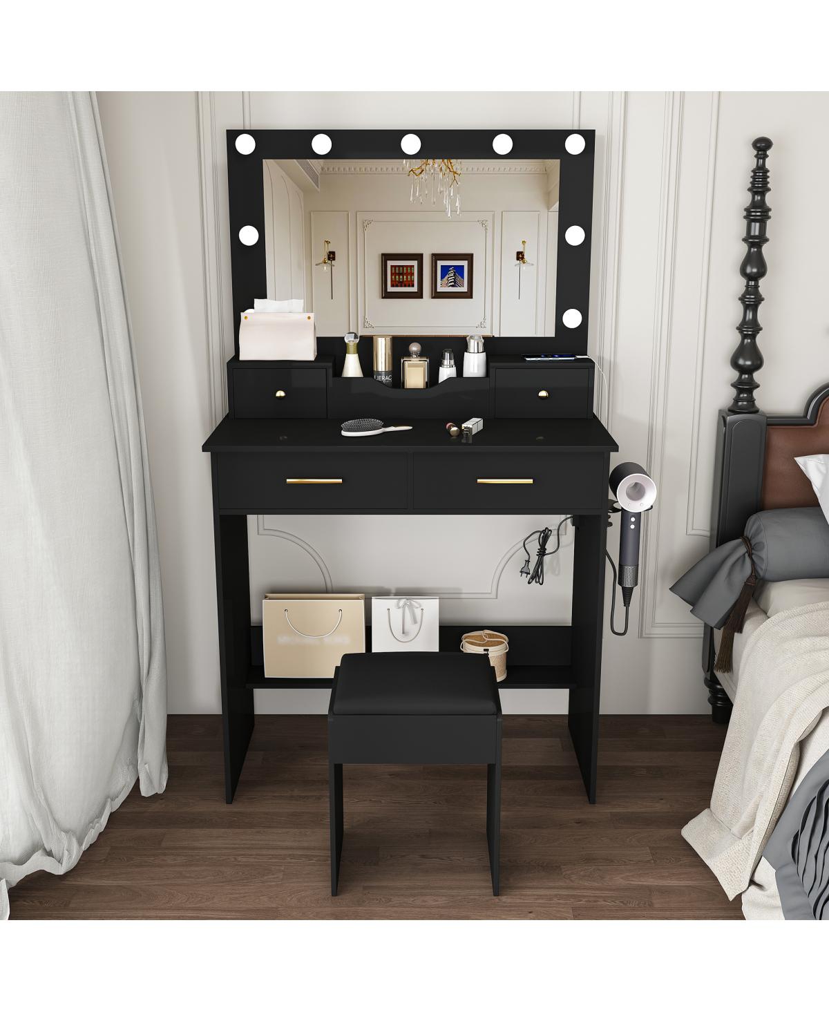 Streamdale Furniture Makeup Vanity Desk with 9 Hollywood Bulbs, Mirror, Drawers, Stool - Black