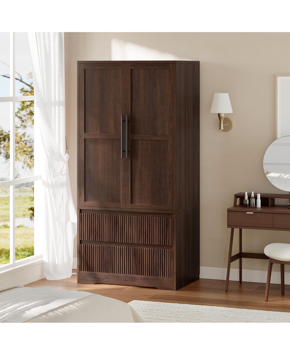 gaomon 66" Tall Farmhouse Wooden Armoire Wardrobe with 2 Fluted Drawers, Glass Doors, Hanging Rod and Shelves - Freestanding Bedroom Storage Cabinet -