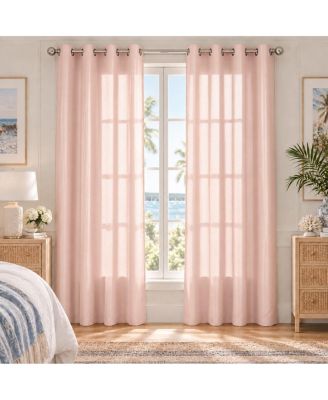 2 Piece Lightweight Rose Pink Faux Silk Grommet Top Sheer Window Curtain Panels