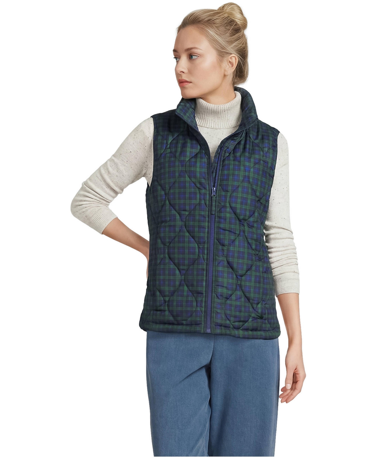 Lands' End Women's Print FeatherFree Quilted Insulated Vest - Pine mini blackwatch plaid
