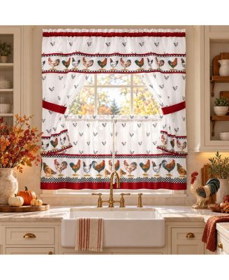 Country Roosters 3 Piece Rod Pocket Cafe Cottage Semi Sheer Kitchen Curtain Tier And Valance Set