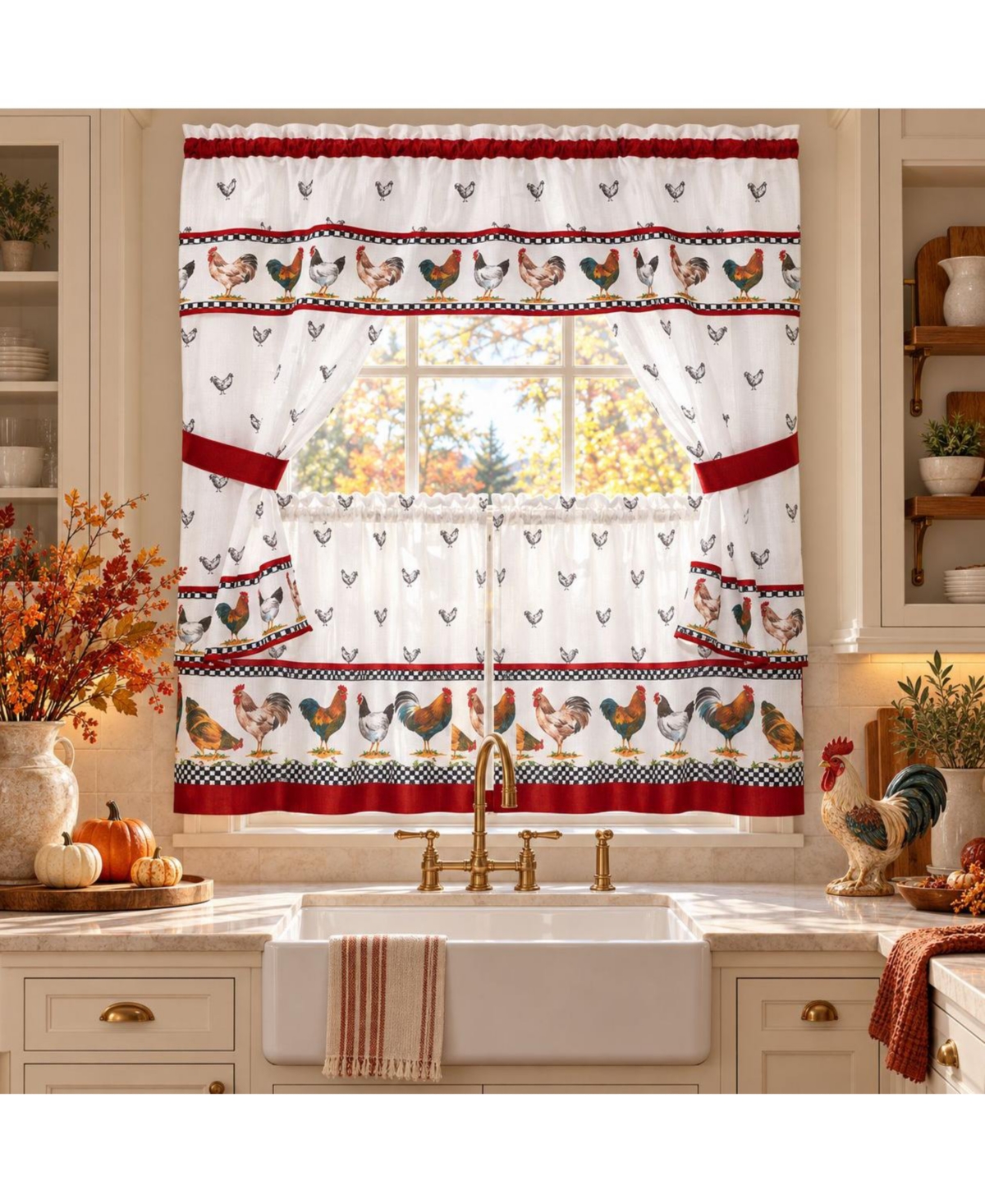Kate Aurora Country Roosters 3 Piece Rod Pocket Cafe Cottage Semi Sheer Kitchen Curtain Tier And Valance Set - White