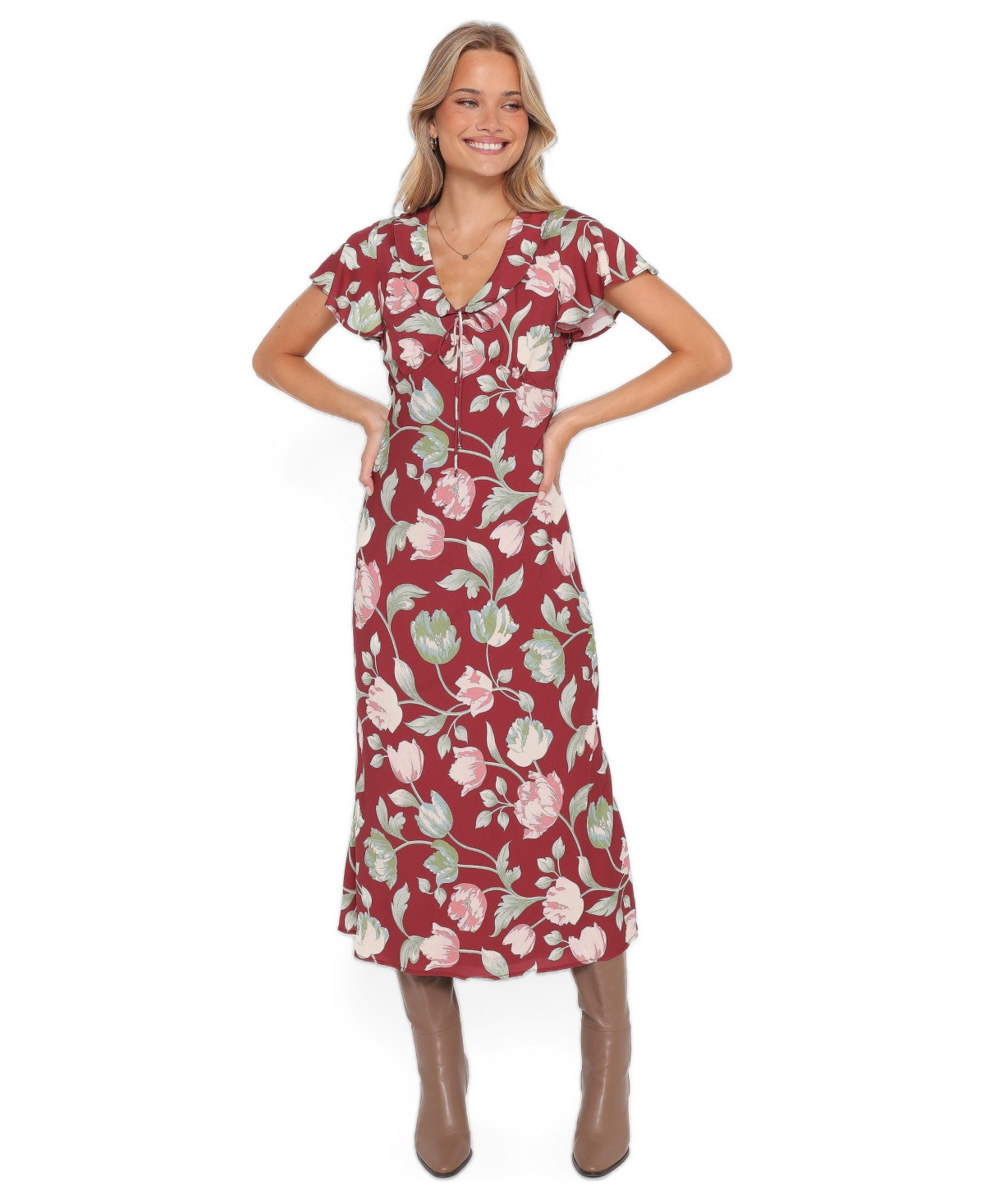 Petal and Pup Women's Linden Floral V-Neck Flutter-Sleeve Midi Dress - Red tulip floral